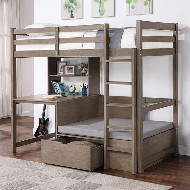 CALLISTUS Twin Workstation Loft Bed, White & Gray - Marjories Furniture (Las Vegas, NV)