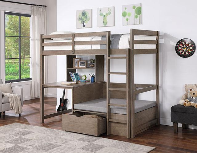 CALLISTUS Twin Workstation Loft Bed, White & Gray - Marjories Furniture (Las Vegas, NV)