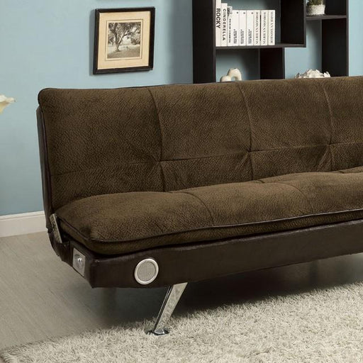 GALLAGHER Dark Brown/Chrome Futon Sofa w/ Bluetooth Speaker, Brown - Marjories Furniture (Las Vegas, NV)