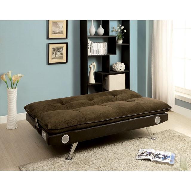 GALLAGHER Dark Brown/Chrome Futon Sofa w/ Bluetooth Speaker, Brown - Marjories Furniture (Las Vegas, NV)