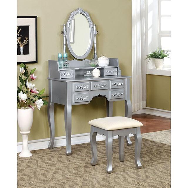 Harriet Silver Vanity w/ Stool - Marjories Furniture (Las Vegas, NV)