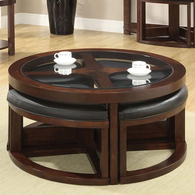 Crystal Cove II Dark Walnut Round Coffee Table w/ 4 Stools - Marjories Furniture (Las Vegas, NV)