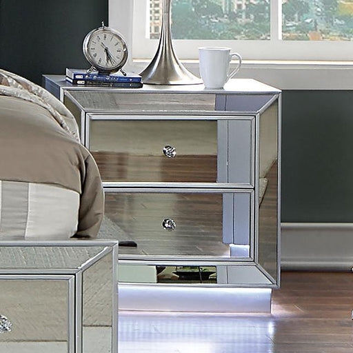 BELLADONNA Night Stand w/ LED & USB, Silver - Marjories Furniture (Las Vegas, NV)