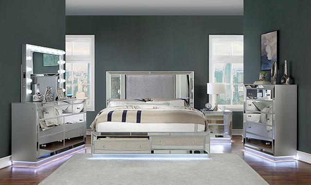 BELLADONNA Night Stand w/ LED & USB, Silver - Marjories Furniture (Las Vegas, NV)