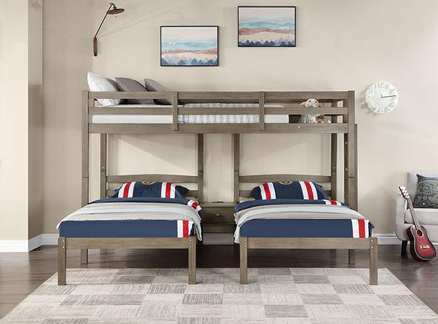 HORTENSE Triple Twin Bunk Bed, W. Gray - Marjories Furniture (Las Vegas, NV)