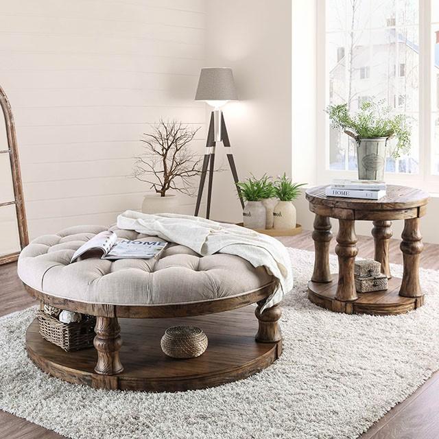 Mika Antique Oak Coffee Table w/ Cushion Top - Marjories Furniture (Las Vegas, NV)