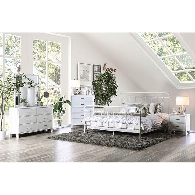 IRIA Vintage White Cal.King, E.King, & Full Bed - Marjories Furniture (Las Vegas, NV)