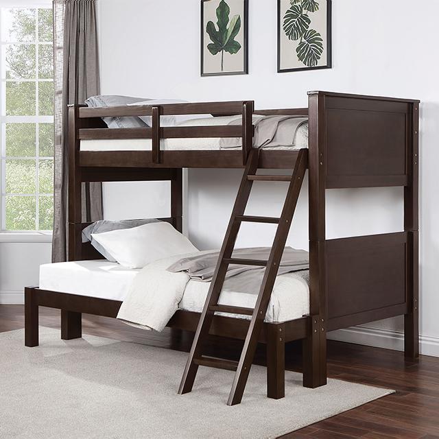STAMOS Full/Full, Twin/Full, & Twin/twin Bunk Bed, Walnut - Marjories Furniture (Las Vegas, NV)
