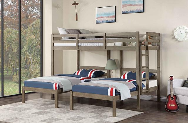HORTENSE Triple Twin Bunk Bed, W. Gray - Marjories Furniture (Las Vegas, NV)