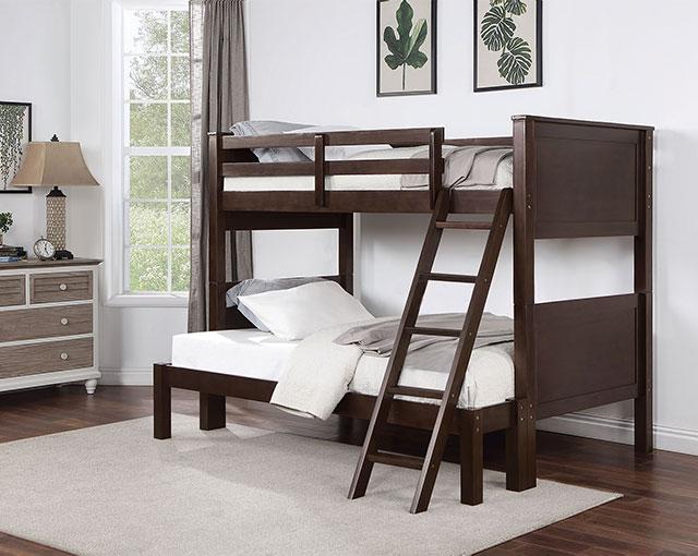 STAMOS Full/Full, Twin/Full, & Twin/twin Bunk Bed, Walnut - Marjories Furniture (Las Vegas, NV)