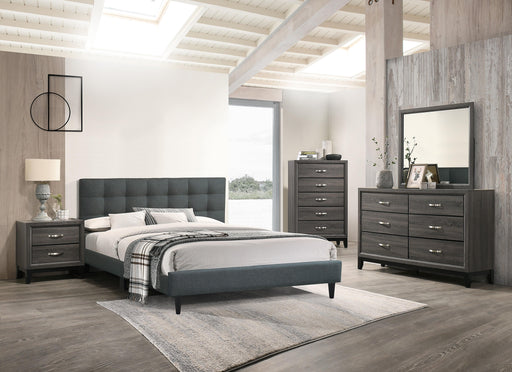 Chyuan Queen Bed/Charcoal Fabric in Charcoal/Espresso - Marjories Furniture (Las Vegas, NV)