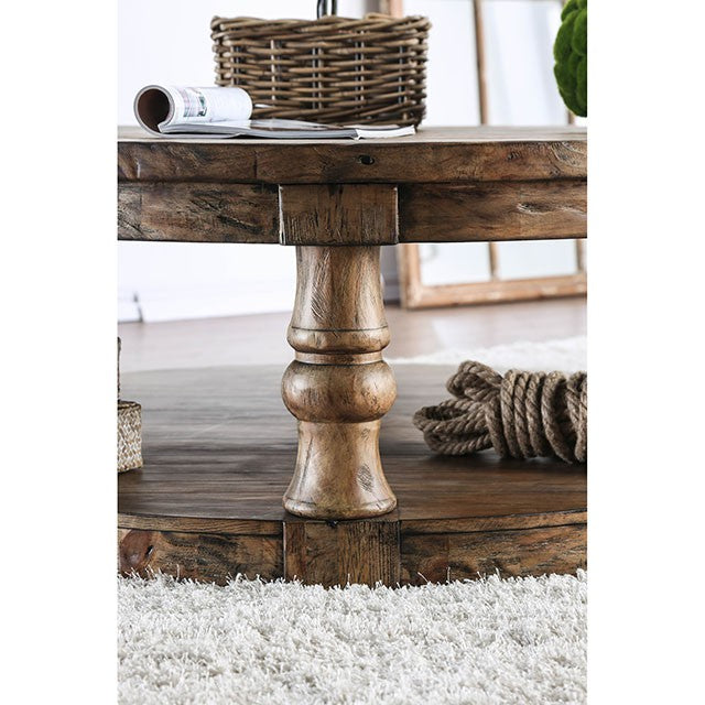 Mika Antique Oak Coffee Table w/ Cushion Top - Marjories Furniture (Las Vegas, NV)